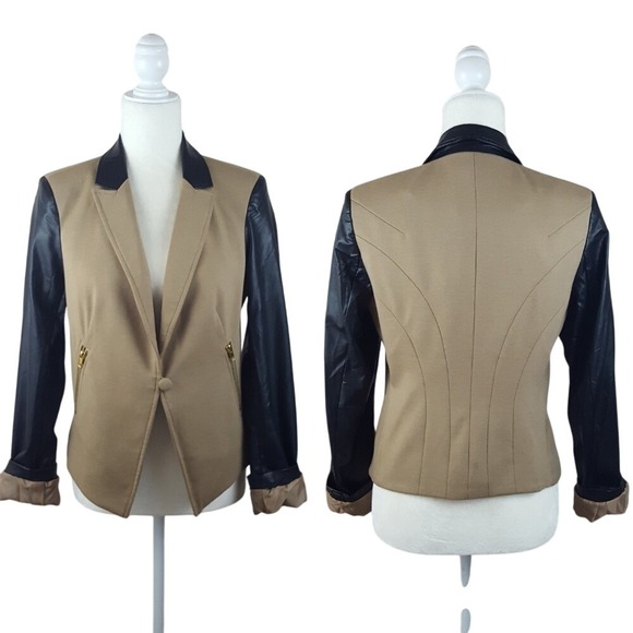 WD NY Women's Tan Faux Leather Sleeve Blazer Jacket Size S NEW - Picture 1 of 7
